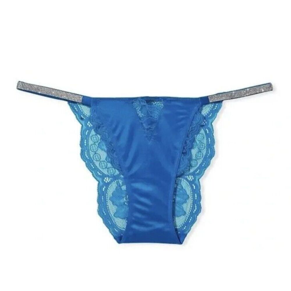 Victoria's Secret Rhinestone Shine Strap Lace Cheeky Panty Enamel Blue Sz S